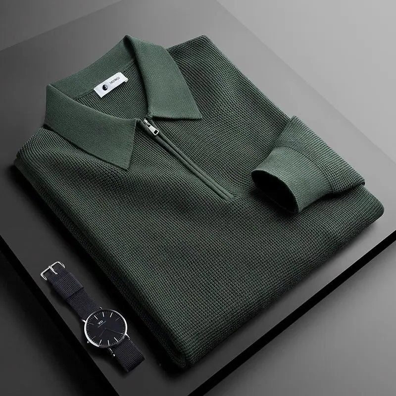 Ribbed Knit Quarter Zip Polo for Men - Green