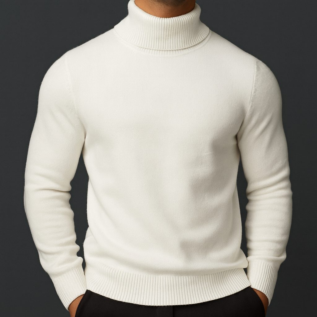 Ribbed Knit Roll Neck Sweater for Men - White