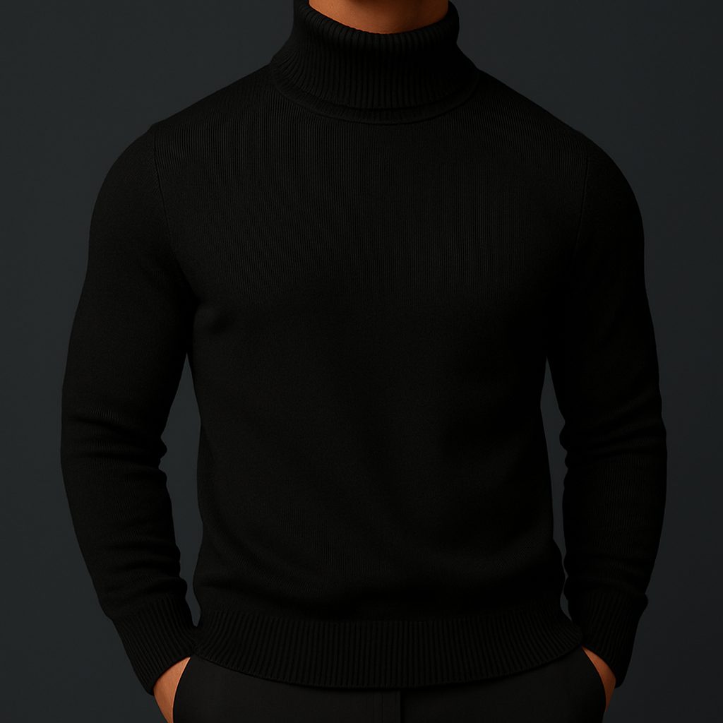 Ribbed Knit Roll Neck Sweater for Men - Black