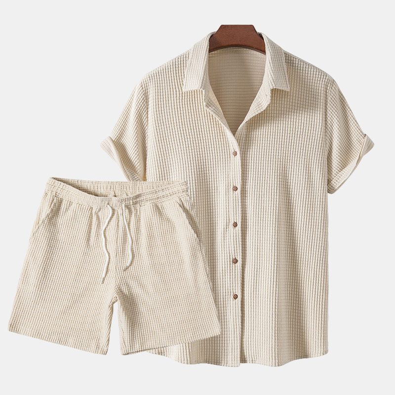 Ribbed Knit Short Sleeve Button-Down Set for Men