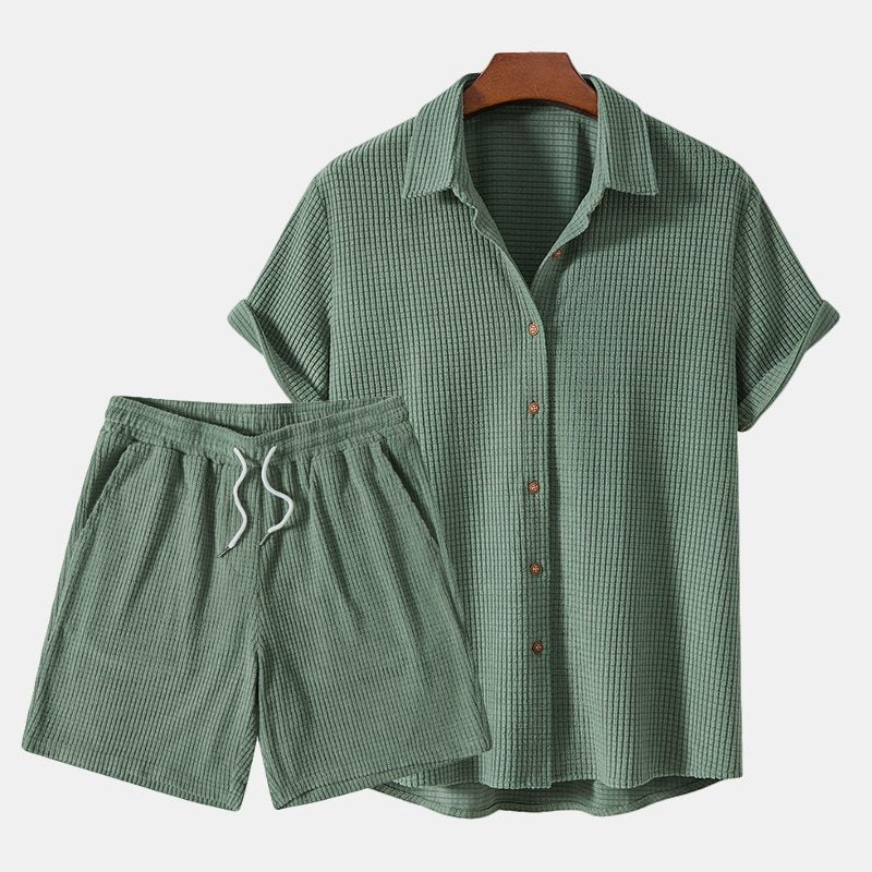 Ribbed Knit Short Sleeve Button-Down Set for Men - Green