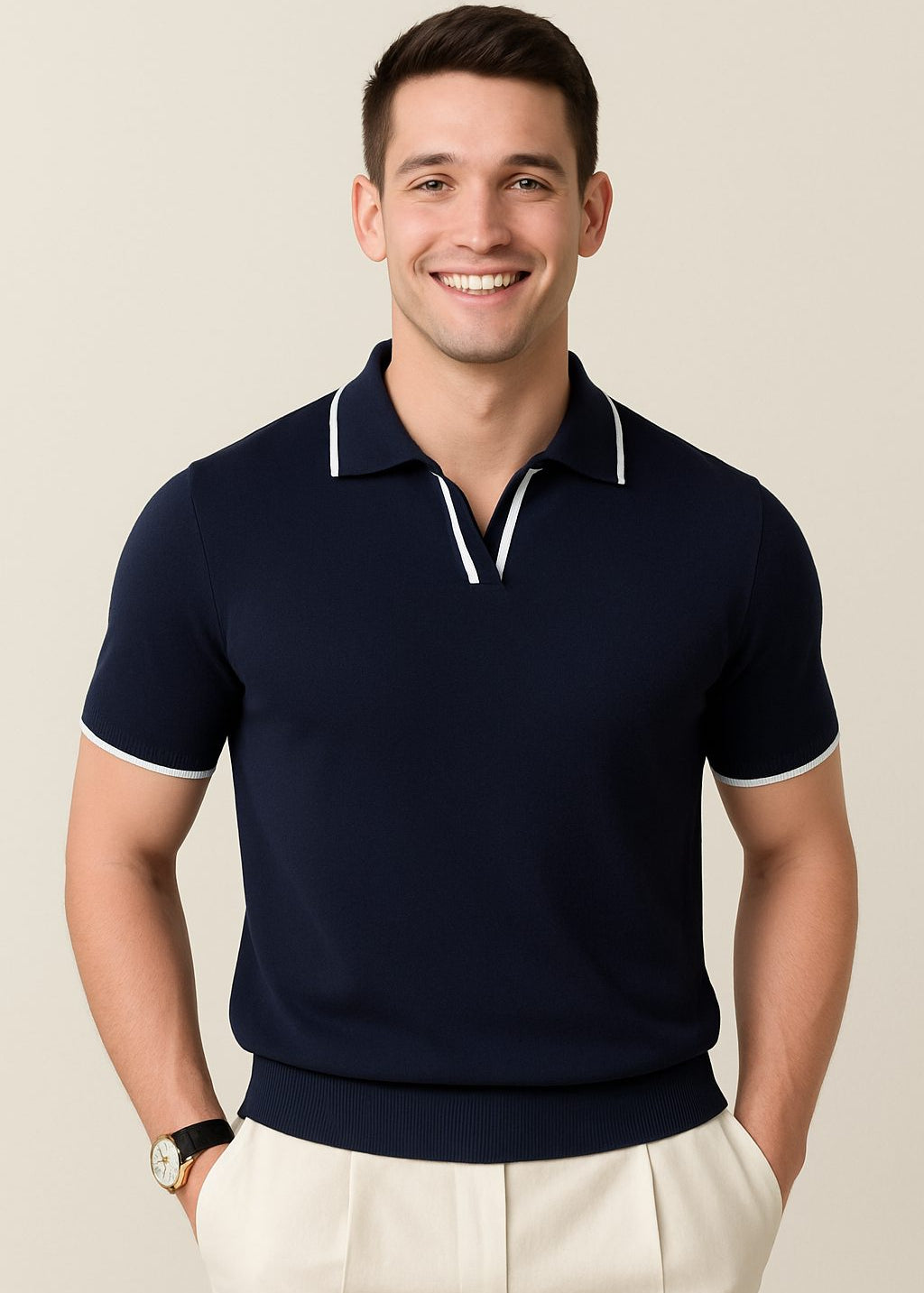 Ribbed Knit Short Sleeve Polo Shirt for Men