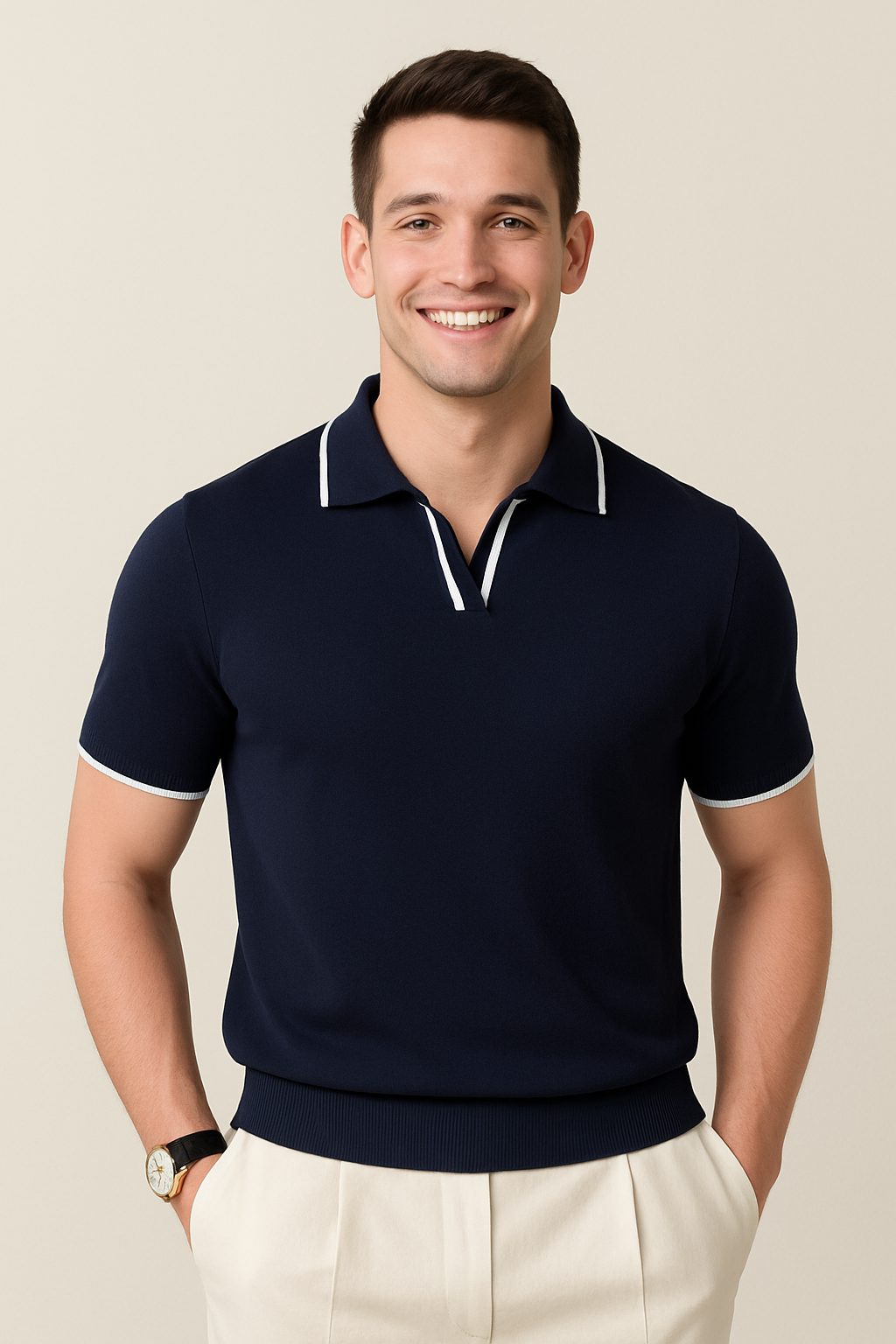 Ribbed Knit Short Sleeve Polo Shirt for Men