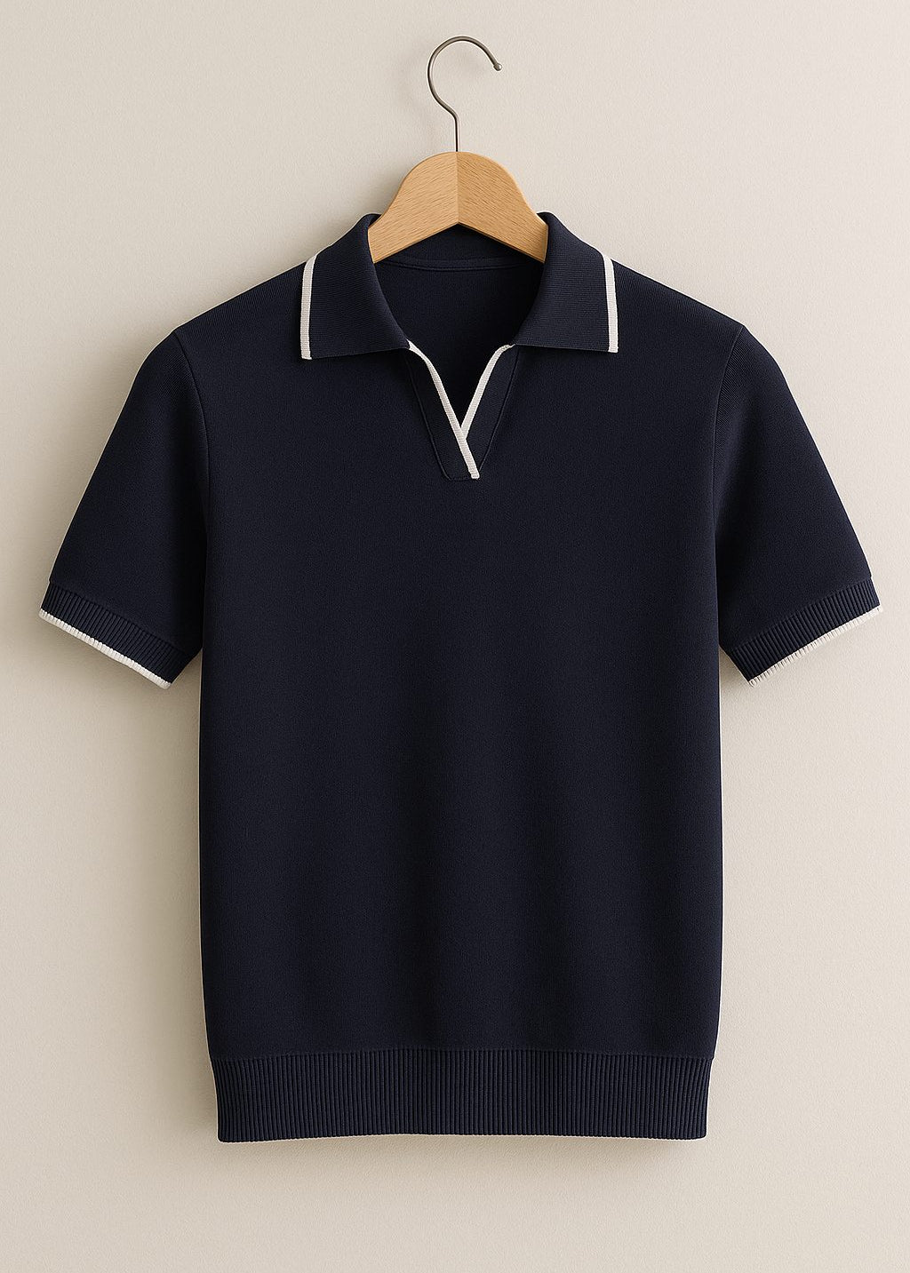 Ribbed Knit Short Sleeve Polo Shirt for Men - Navy Blue