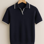 Ribbed Knit Short Sleeve Polo Shirt for Men - Navy Blue