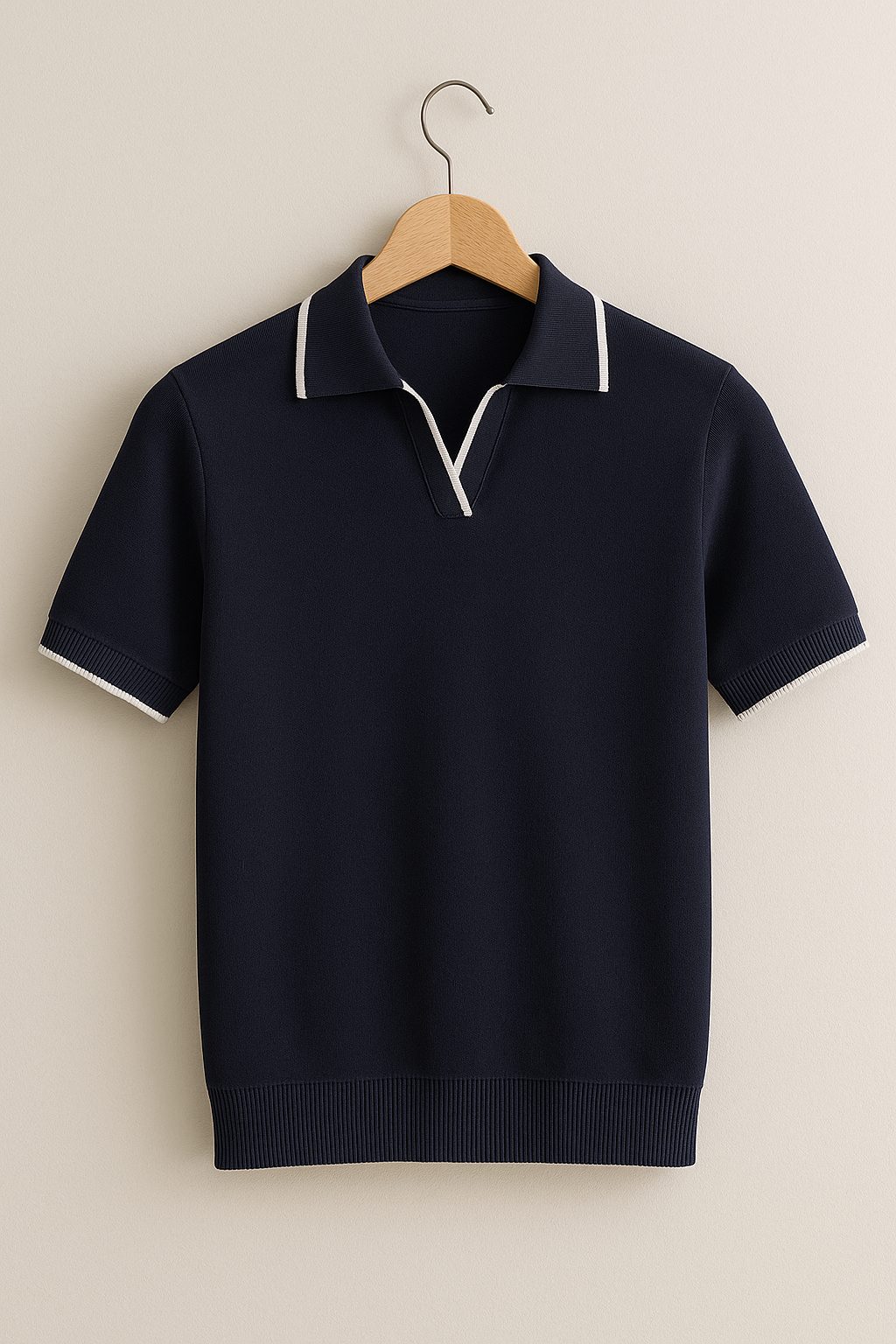 Ribbed Knit Short Sleeve Polo Shirt for Men - Navy Blue