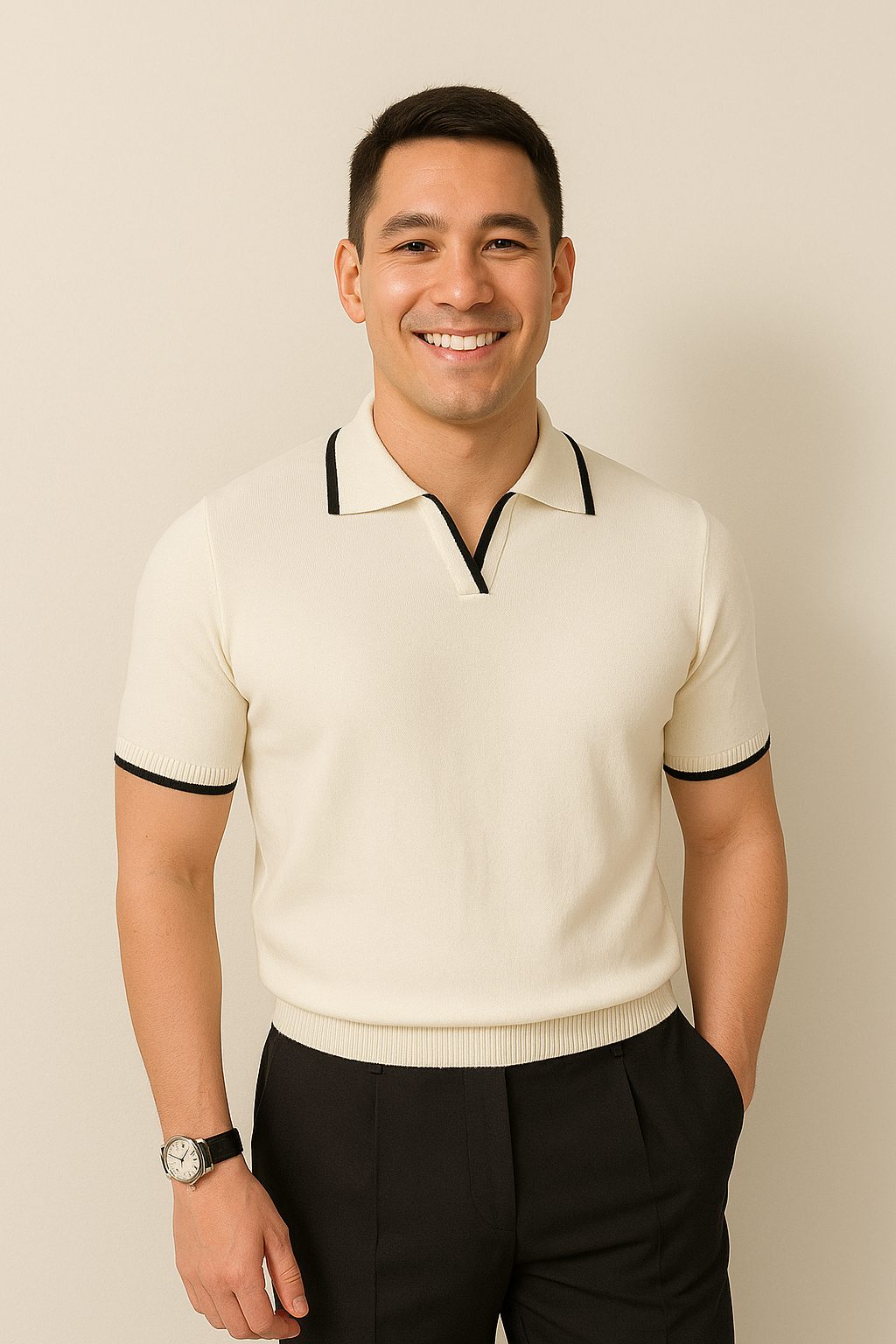 Ribbed Knit Short Sleeve Polo Shirt for Men - View 3