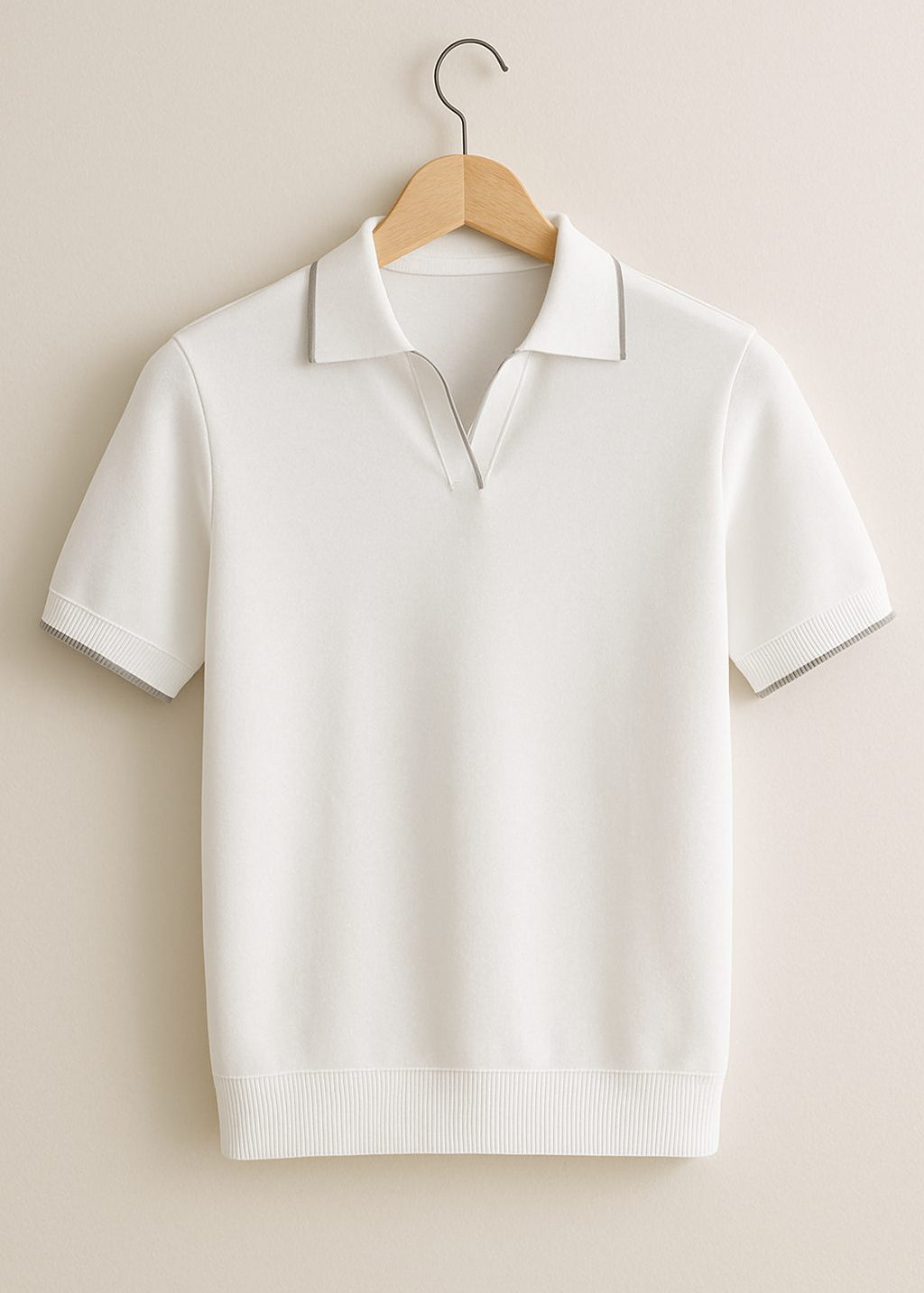 Ribbed Knit Short Sleeve Polo Shirt for Men - White