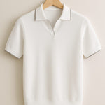 Ribbed Knit Short Sleeve Polo Shirt for Men - White