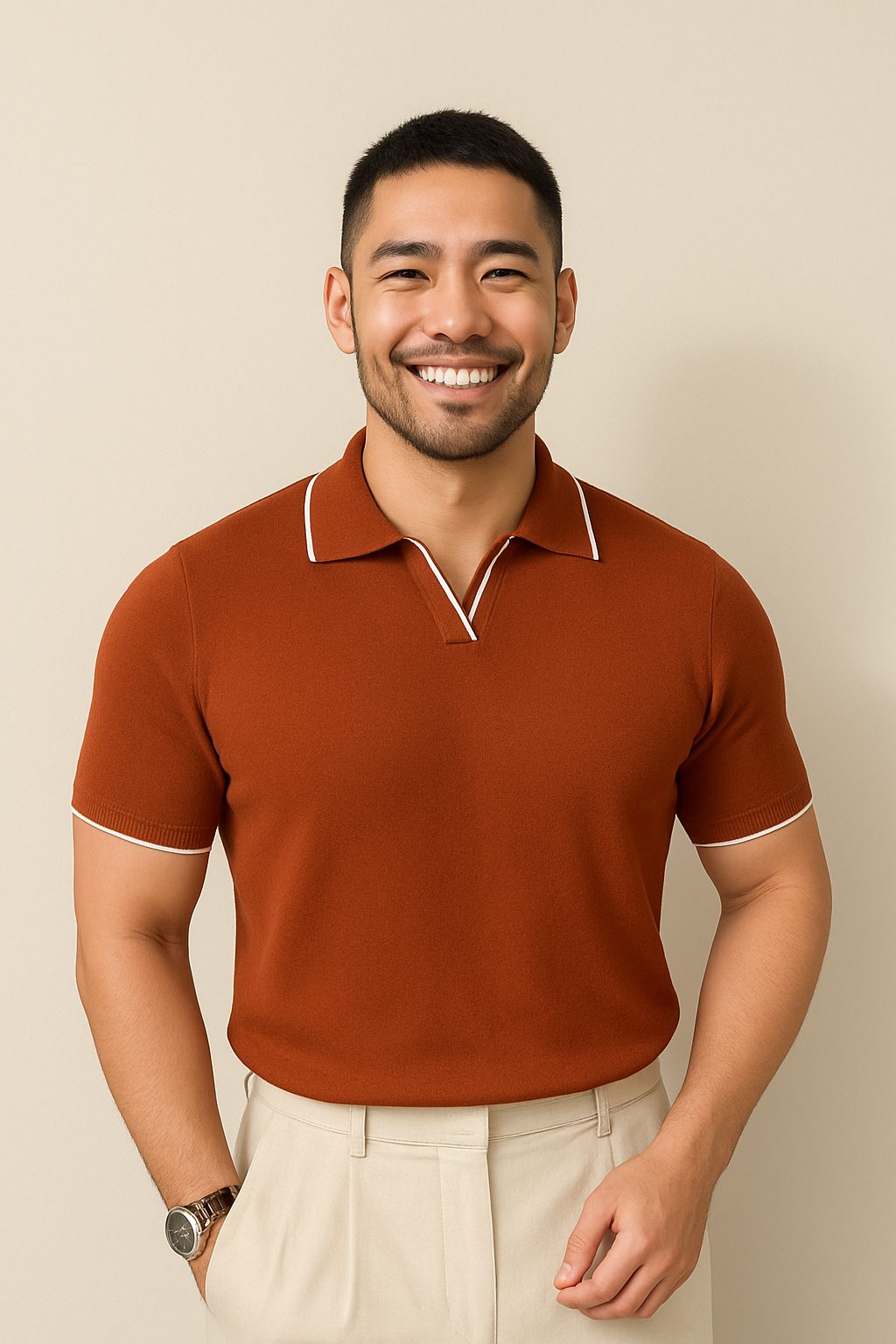 Ribbed Knit Short Sleeve Polo Shirt for Men - View 5