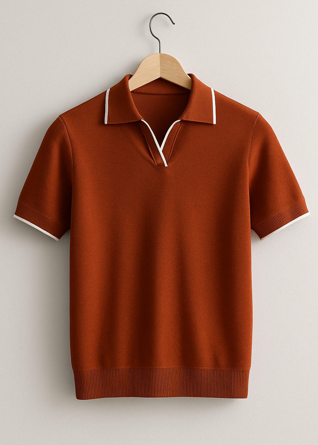 Ribbed Knit Short Sleeve Polo Shirt for Men - Rust