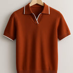 Ribbed Knit Short Sleeve Polo Shirt for Men - Rust