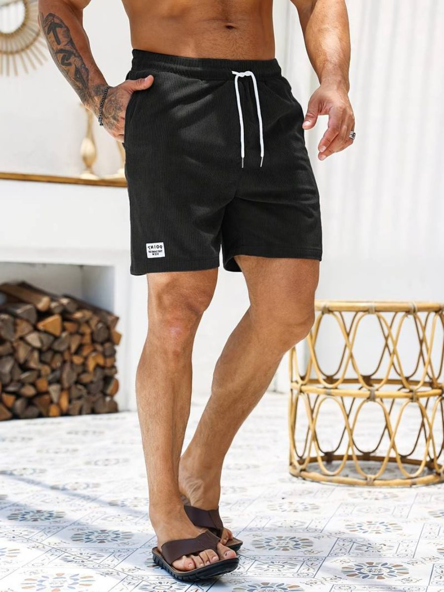 Ribbed Knit Shorts with Welt Pockets for Men - Black