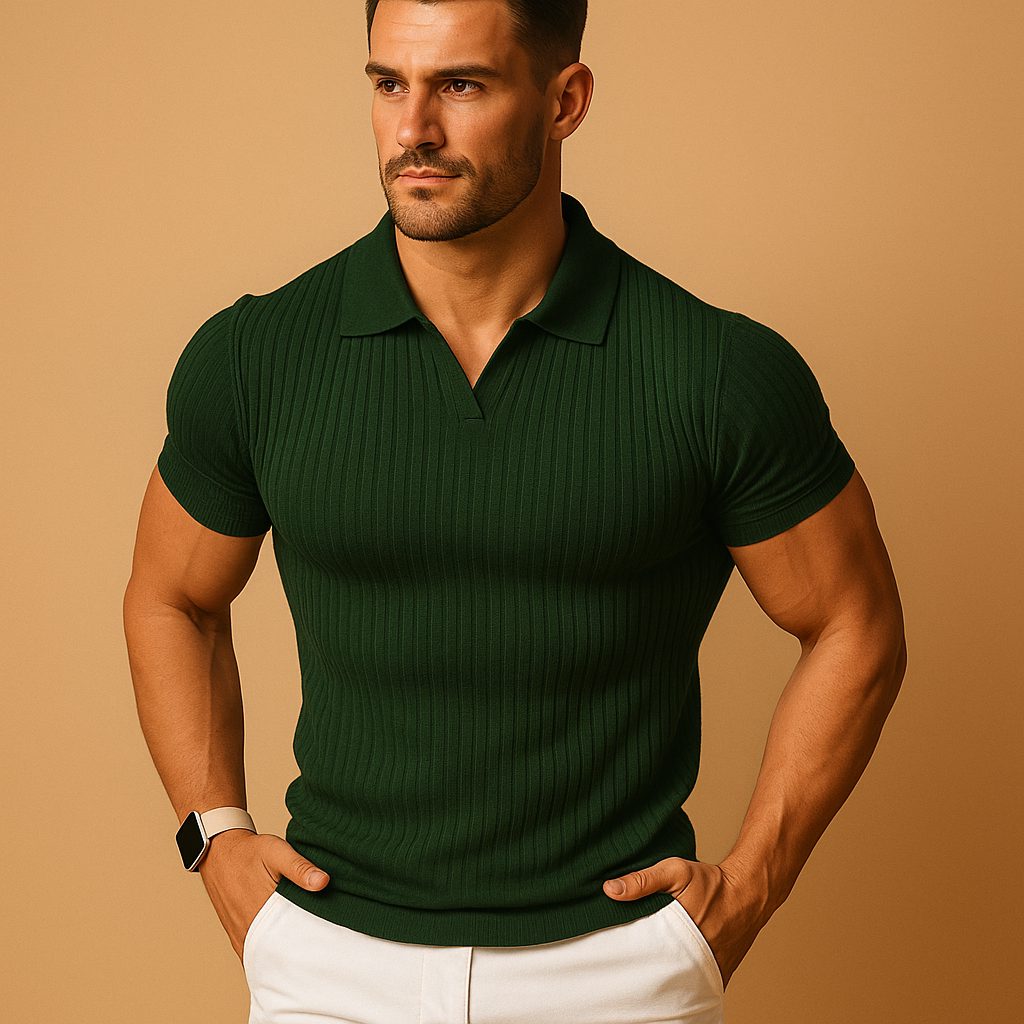 Ribbed Knit Slim Fit Polo Shirt for Men - Green