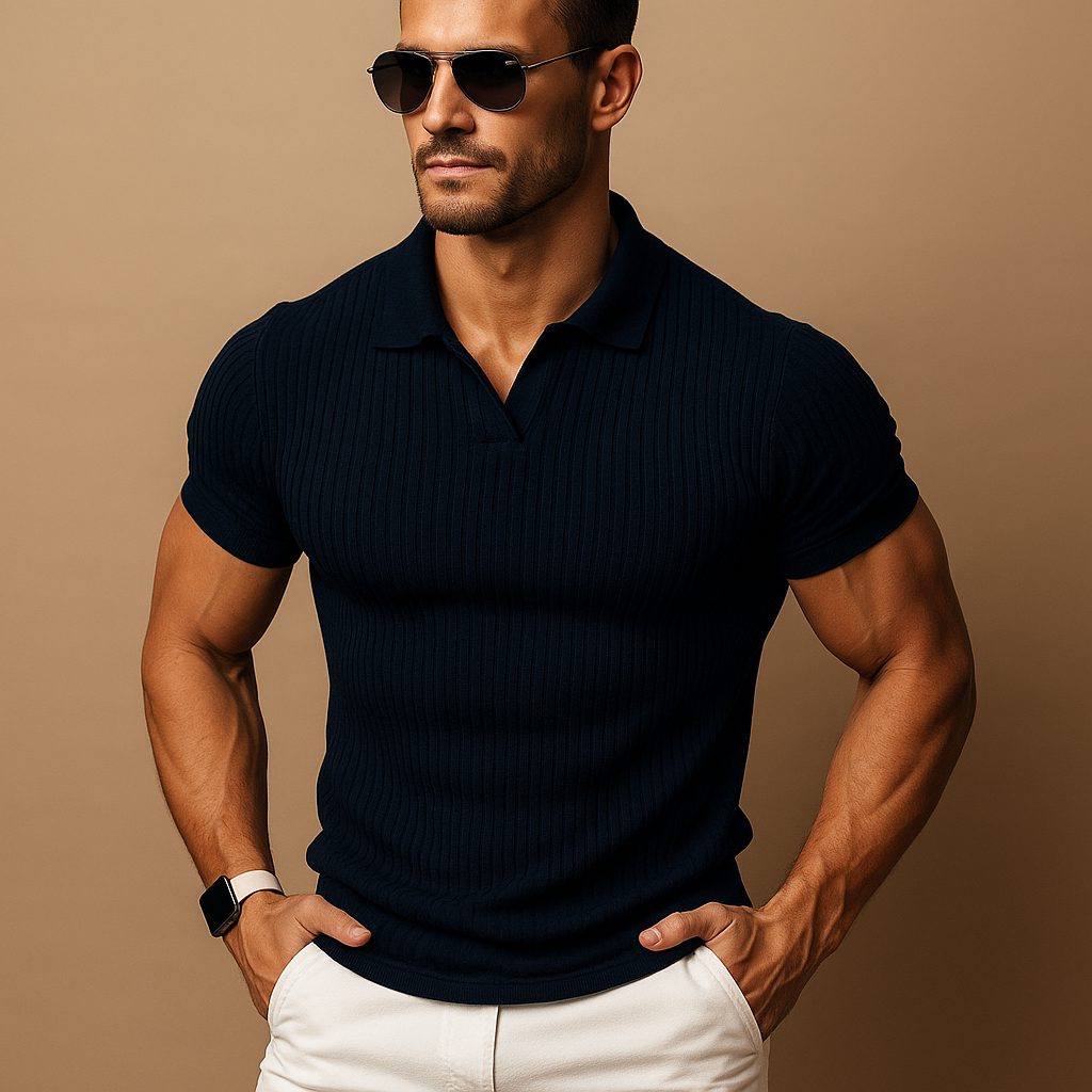 Ribbed Knit Slim Fit Polo Shirt for Men - Black