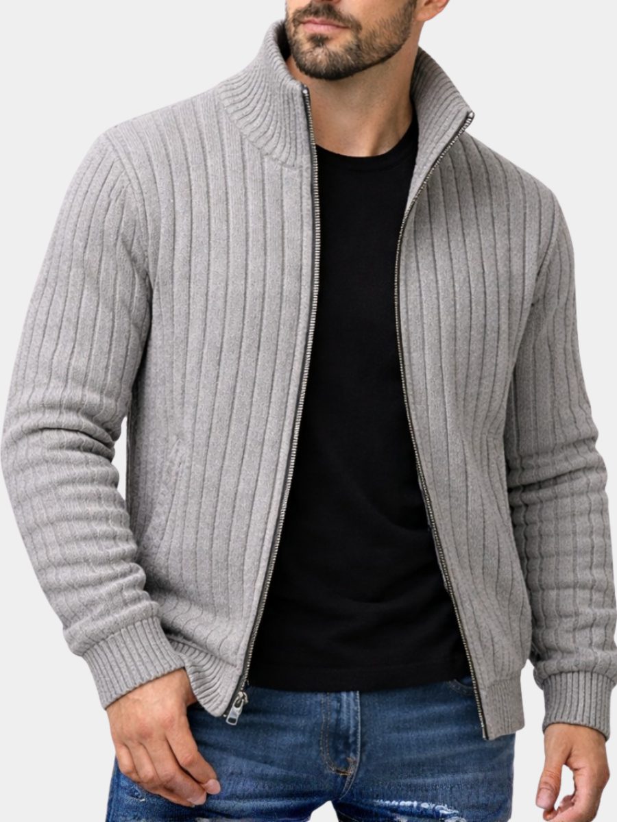Ribbed Knit Stand Collar Zip Cardigan for Men