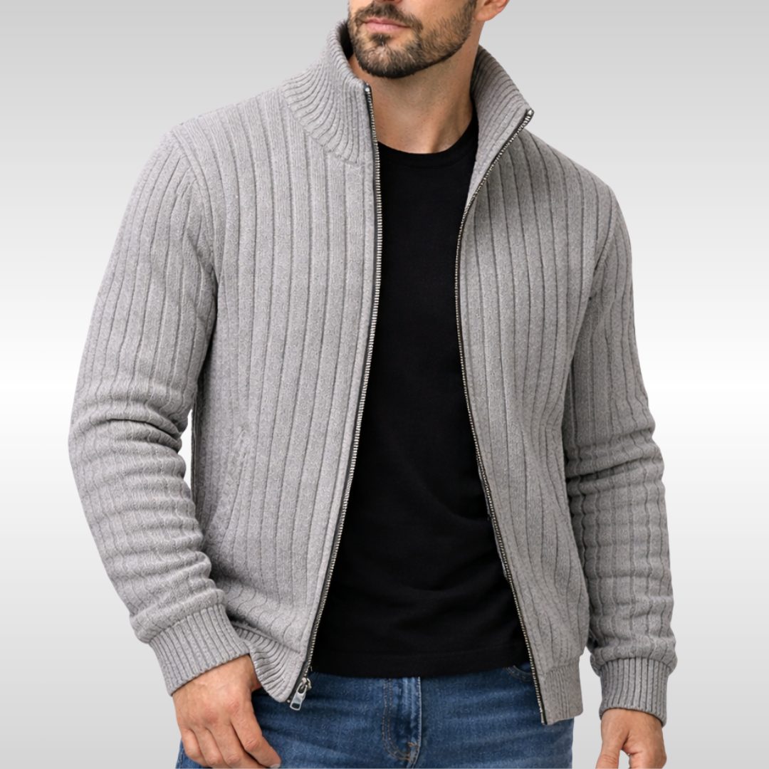 Ribbed Knit Stand Collar Zip Cardigan for Men - Light Grey