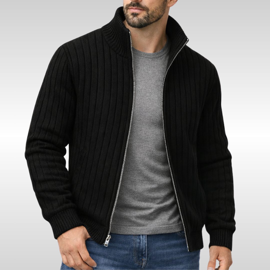 Ribbed Knit Stand Collar Zip Cardigan for Men - Black