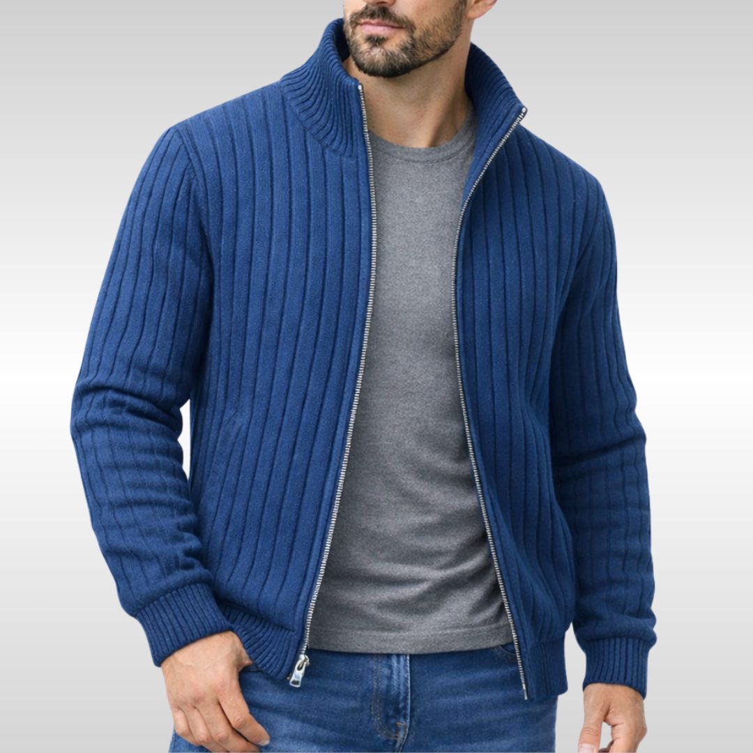 Ribbed Knit Stand Collar Zip Cardigan for Men - Blue