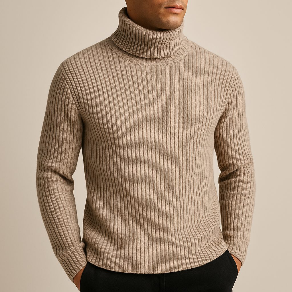 Ribbed Knit Turtleneck Sweater for Men - Beige