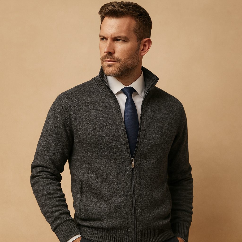 Ribbed Knit Zip-Up Cardigan for Men - Dark Grey