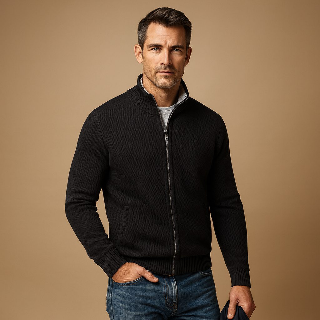 Ribbed Knit Zip-Up Cardigan for Men - Black