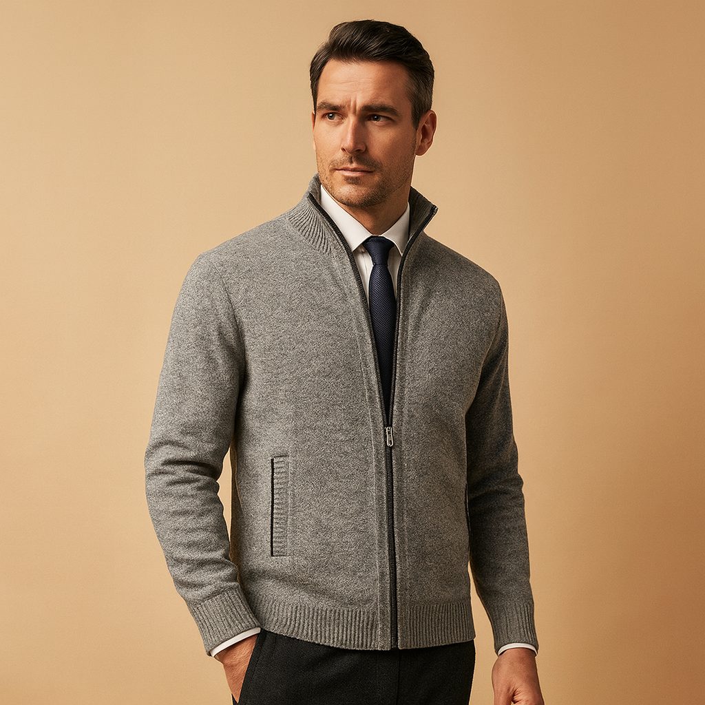 Ribbed Knit Zip-Up Cardigan for Men - Light Grey
