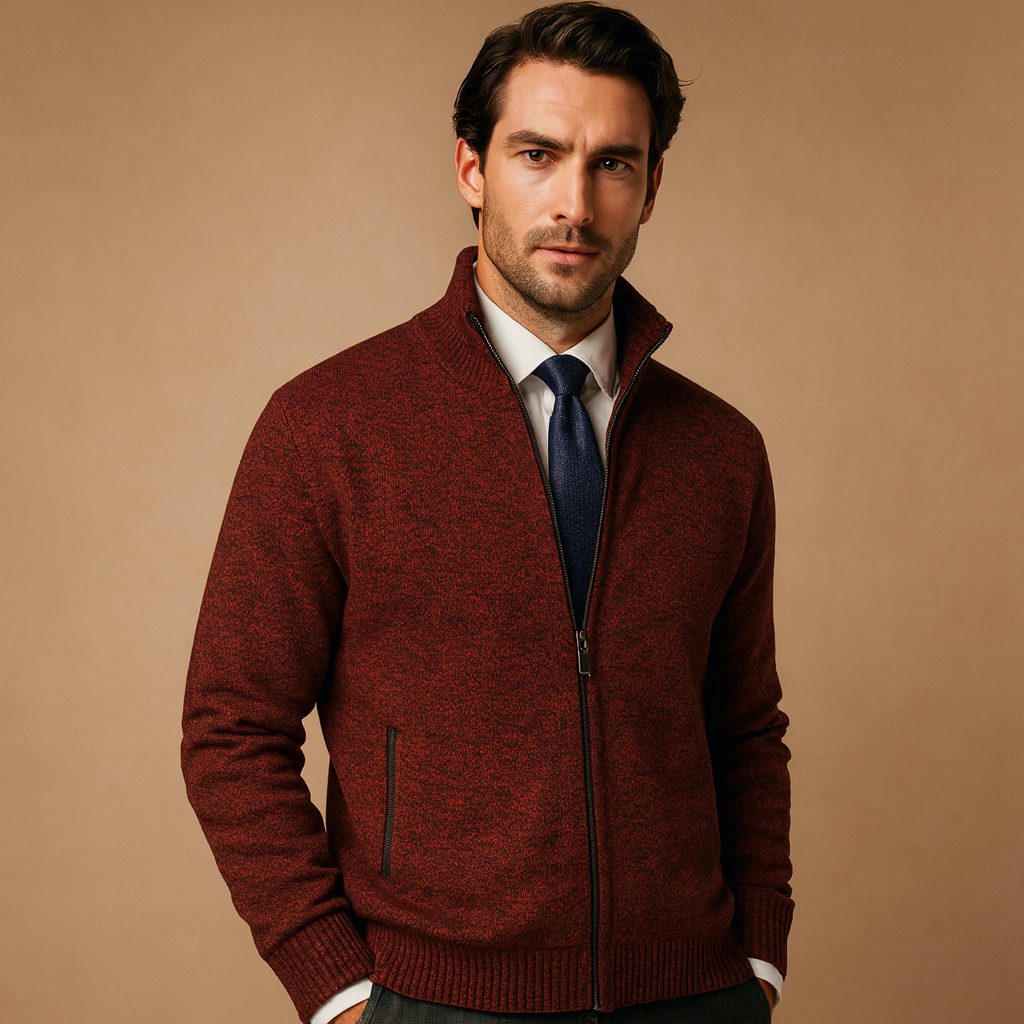 Ribbed Knit Zip-Up Cardigan for Men - Red