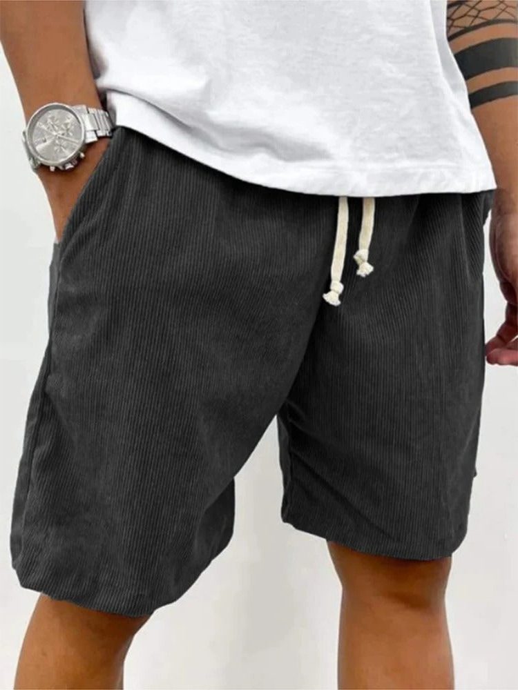 Ribbed Relaxed Fit Drawstring Shorts for Men - Black