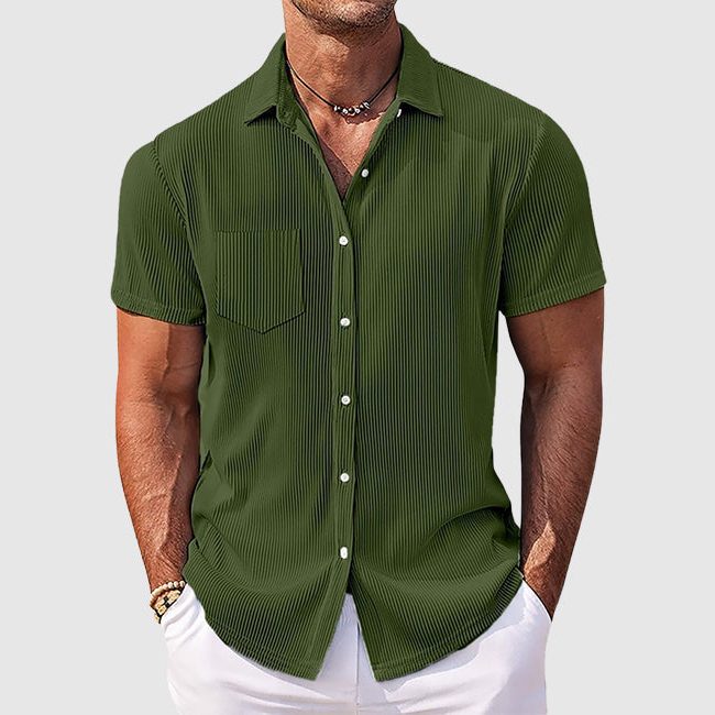Ribbed Short Sleeve Button-Down Shirt for Men - Green