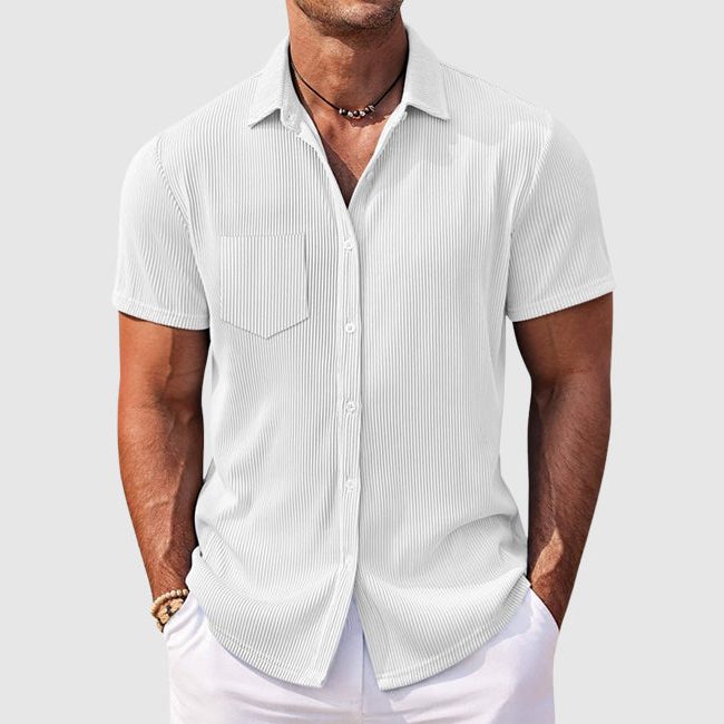 Ribbed Short Sleeve Button-Down Shirt for Men - White