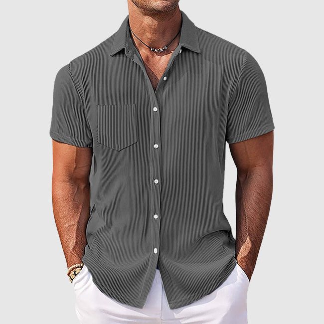 Ribbed Short Sleeve Button-Down Shirt for Men - Gray