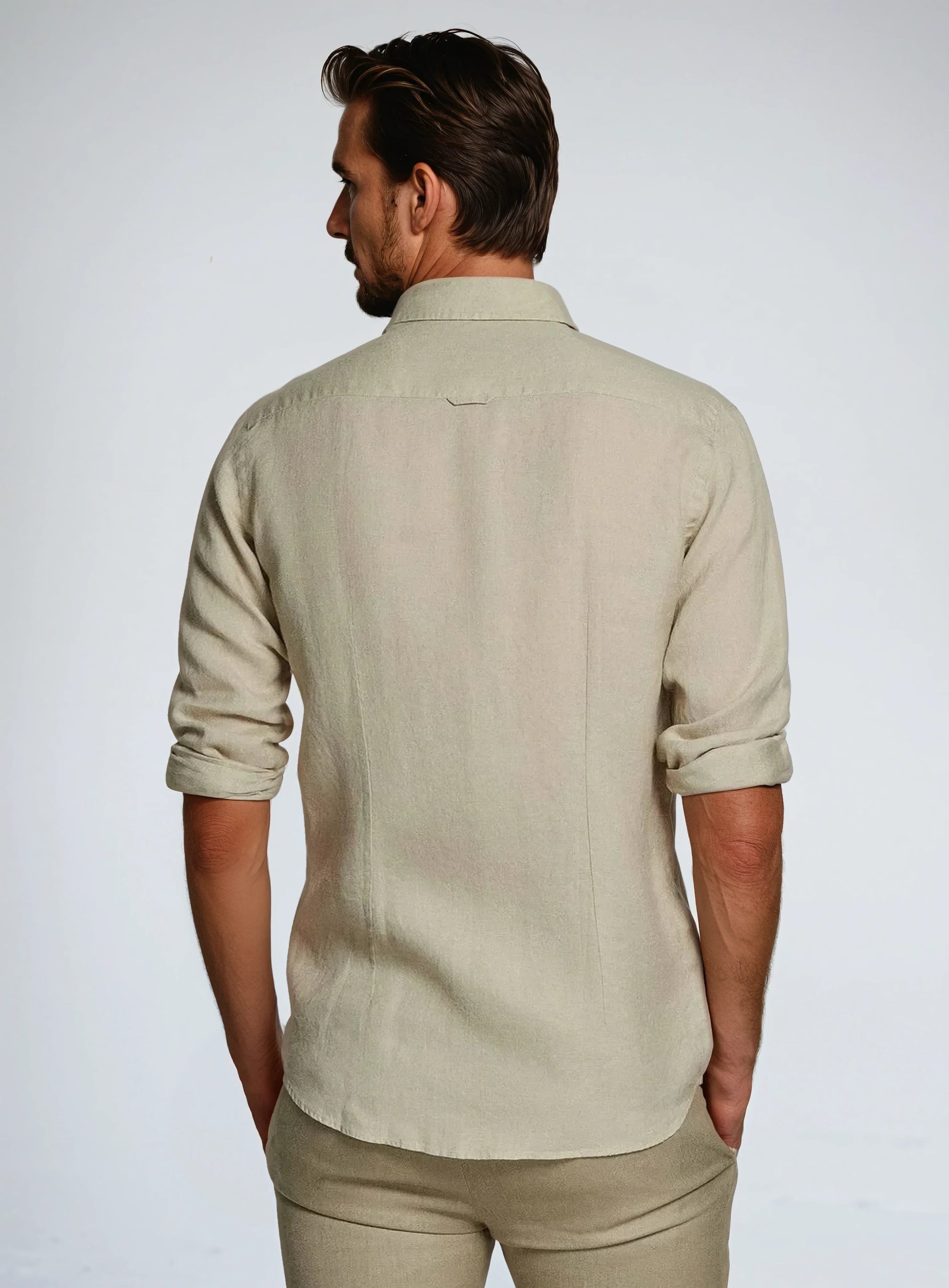 Rolled Sleeve Linen Button-Down Shirt for Men - View 2
