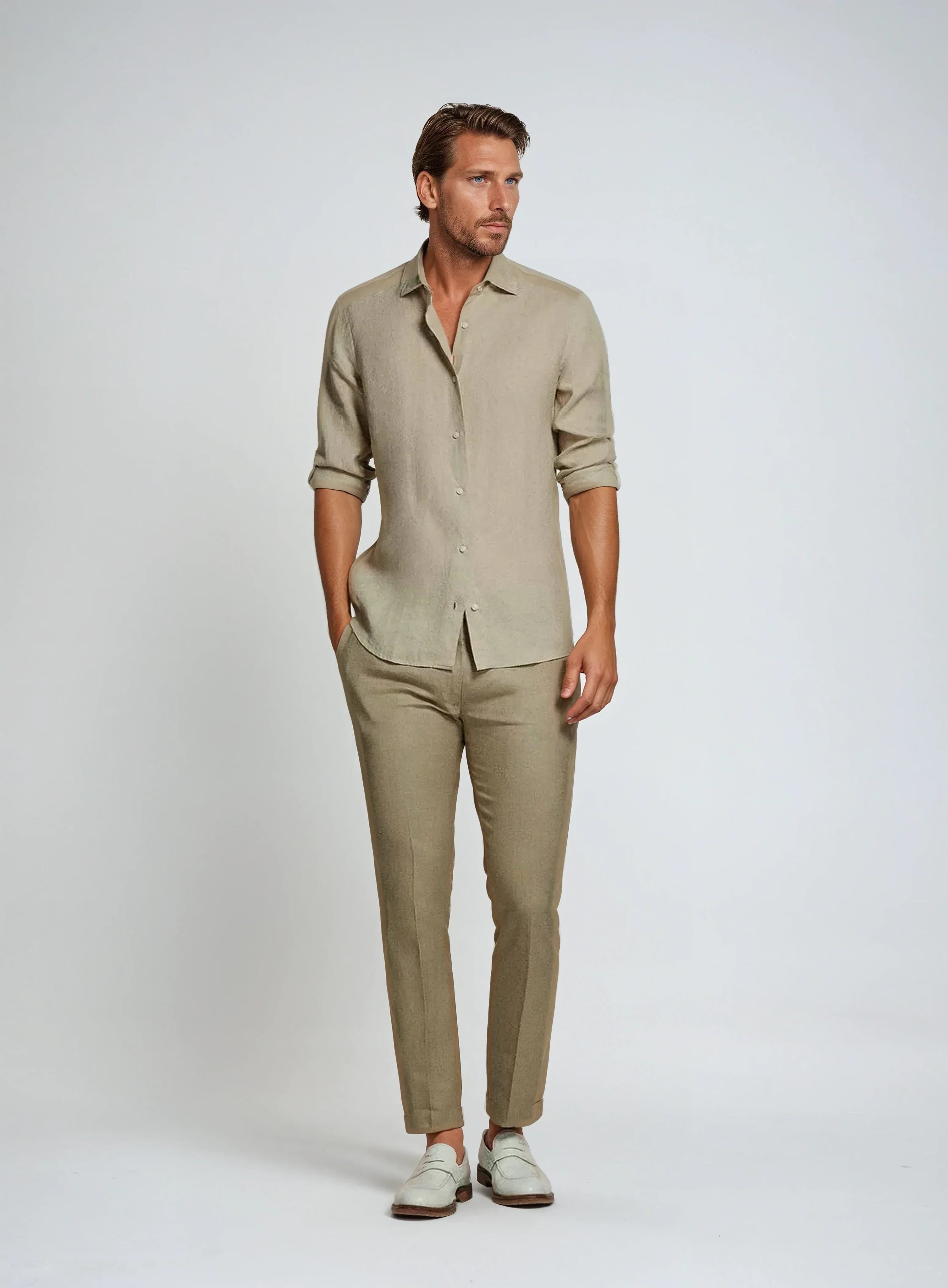Rolled Sleeve Linen Button-Down Shirt for Men - View 3