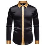 Satin Long Sleeve Button-Down Shirt with Contrast Collar for Men