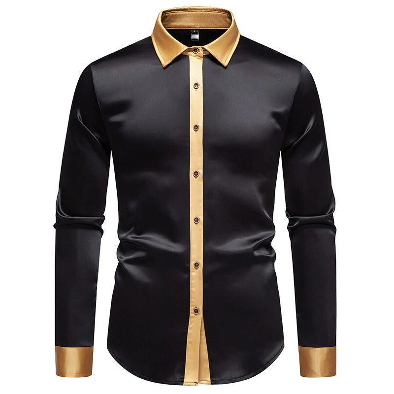 Satin Long Sleeve Button-Down Shirt with Contrast Collar for Men