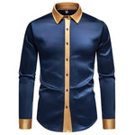 Satin Long Sleeve Button-Down Shirt with Contrast Collar for Men - Blue