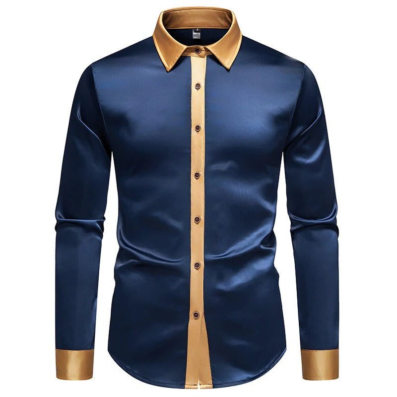 Satin Long Sleeve Button-Down Shirt with Contrast Collar for Men - Blue