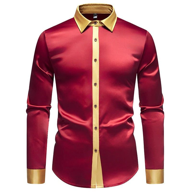 Satin Long Sleeve Button-Down Shirt with Contrast Collar for Men - Wine Red