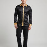Satin Long Sleeve Button-Down Shirt with Contrast Collar for Men - View 5