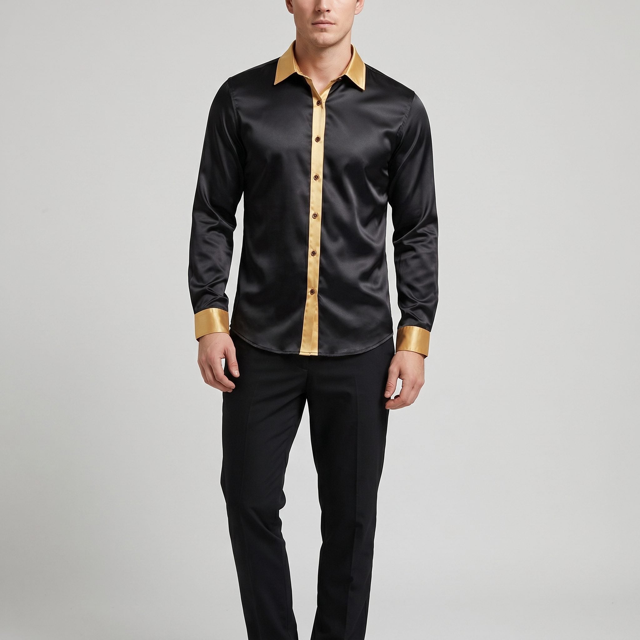Satin Long Sleeve Button-Down Shirt with Contrast Collar for Men - View 5