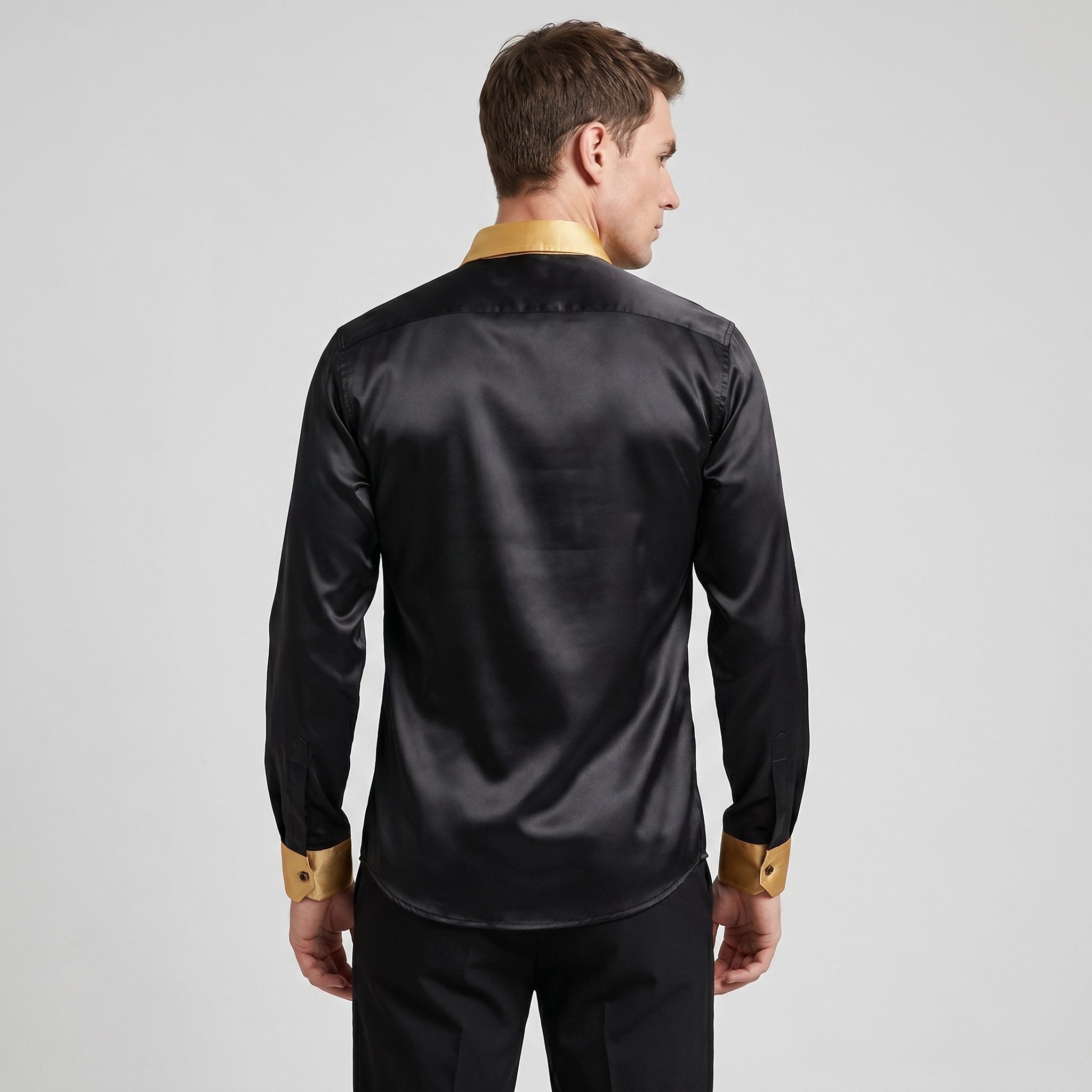 Satin Long Sleeve Button-Down Shirt with Contrast Collar for Men - View 7