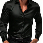 Satin Slim Fit Button-Down Shirt for Men - Black