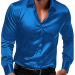 Satin Slim Fit Button-Down Shirt for Men - Blue