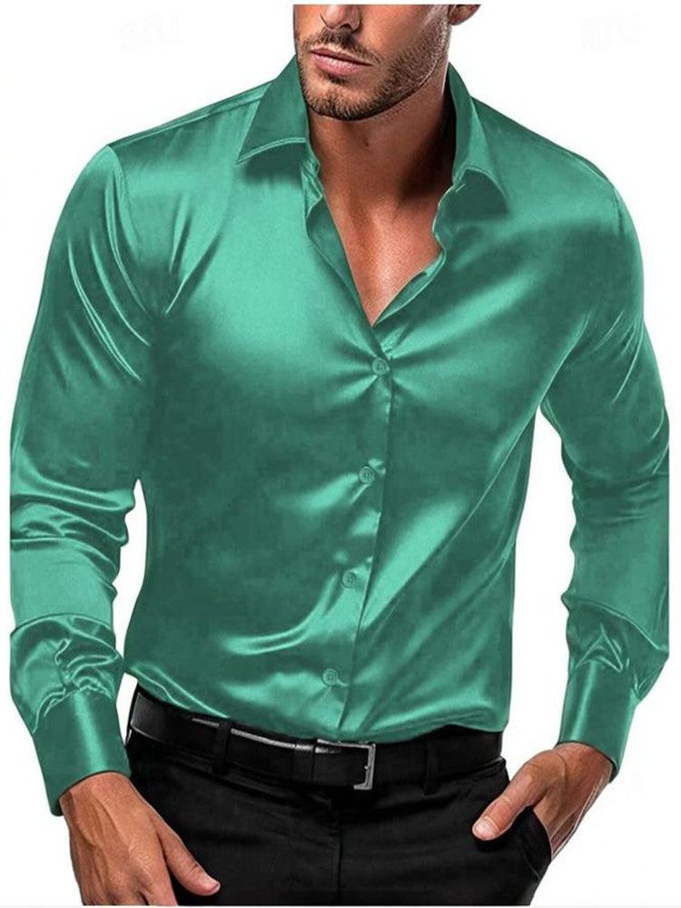 Satin Slim Fit Button-Down Shirt for Men - Sea Green