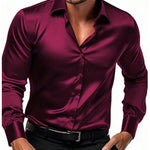 Satin Slim Fit Button-Down Shirt for Men - Burgundy