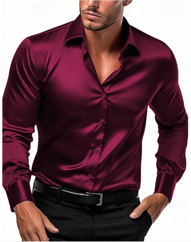 Satin Slim Fit Button-Down Shirt for Men - Burgundy