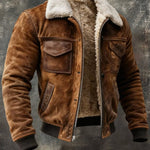 Sherpa-Lined Suede Bomber Jacket for Men - Brown