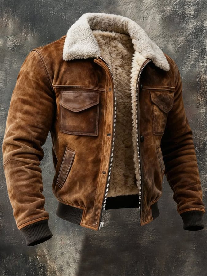 Sherpa-Lined Suede Bomber Jacket for Men - Brown