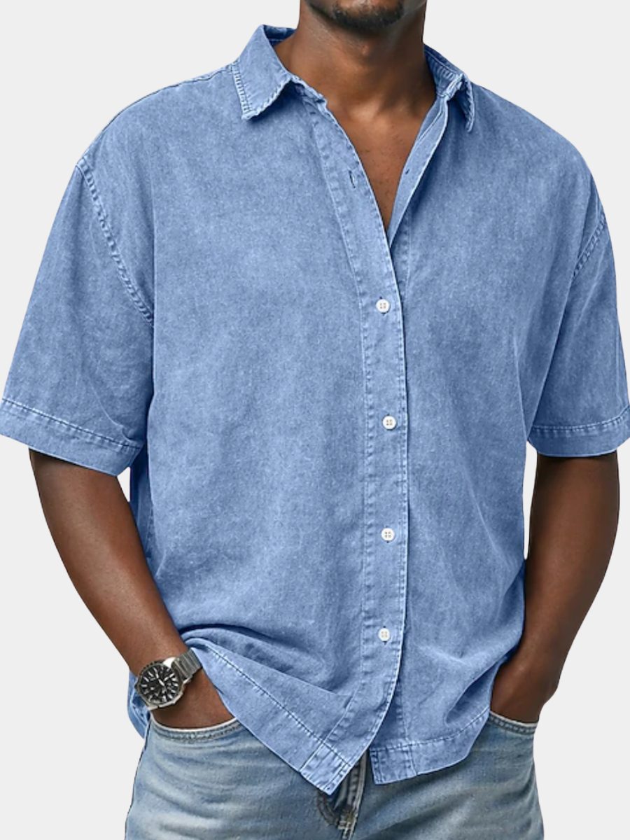 Short Sleeve Button-Down Denim Shirt for Men
